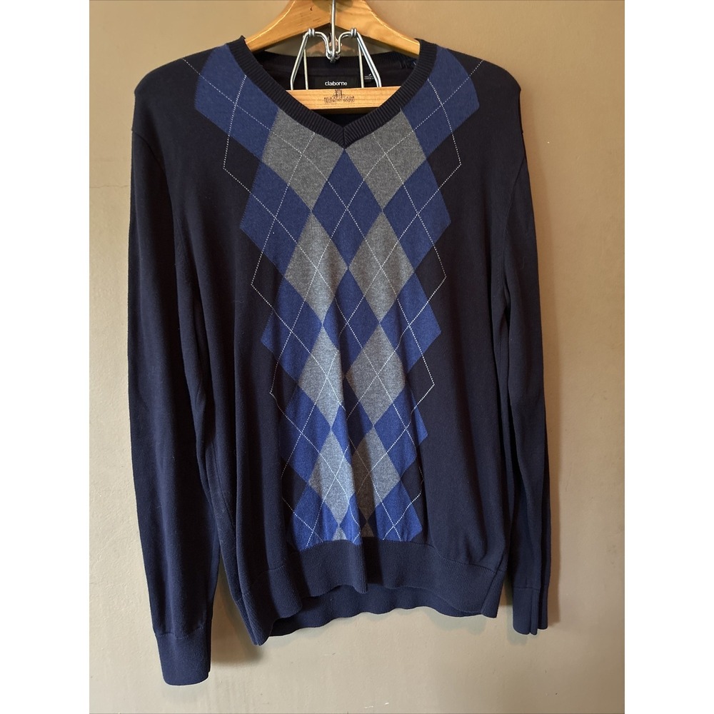 Claiborne Men's Argyle V Neck Blue Sweater‎ 100%Cotton Size Medium